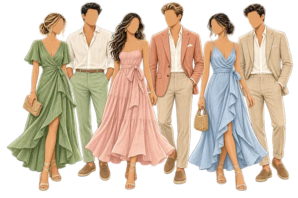 Wedding outfit inspiration: linen suits and flowing dresses in sage, blush, pale blue, and sand tones