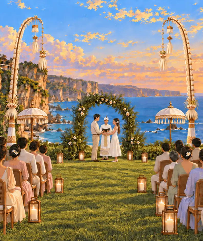 Wedding guests watching the bride and groom during their Uluwatu ceremony