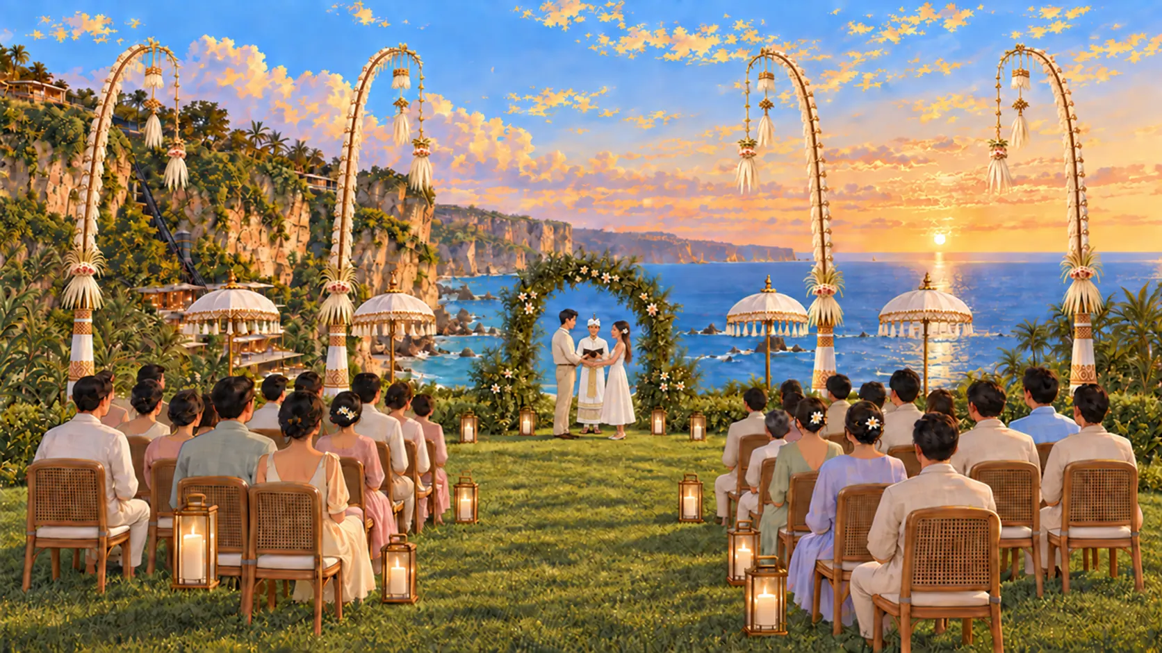 Wedding guests watching the bride and groom during their Uluwatu ceremony