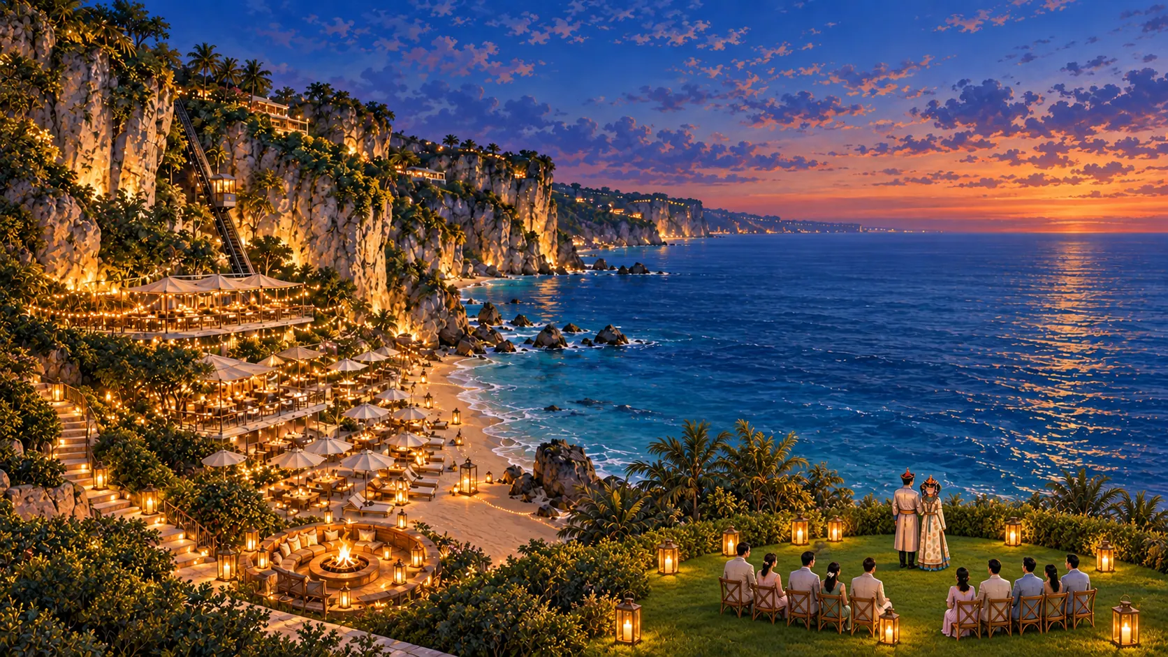 Bride and groom watching the sunset above the sea in Uluwatu