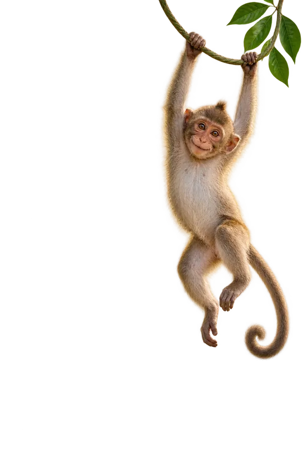A playful monkey hanging from a vine