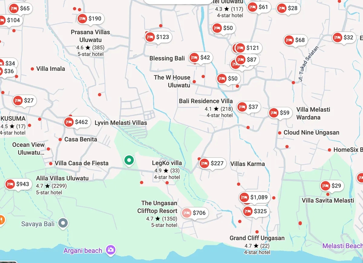 Map of villas and hotels near The Ungasan Clifftop Resort in Ungasan and Uluwatu
